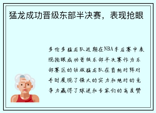 猛龙成功晋级东部半决赛，表现抢眼