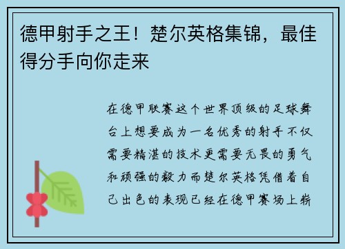 德甲射手之王！楚尔英格集锦，最佳得分手向你走来